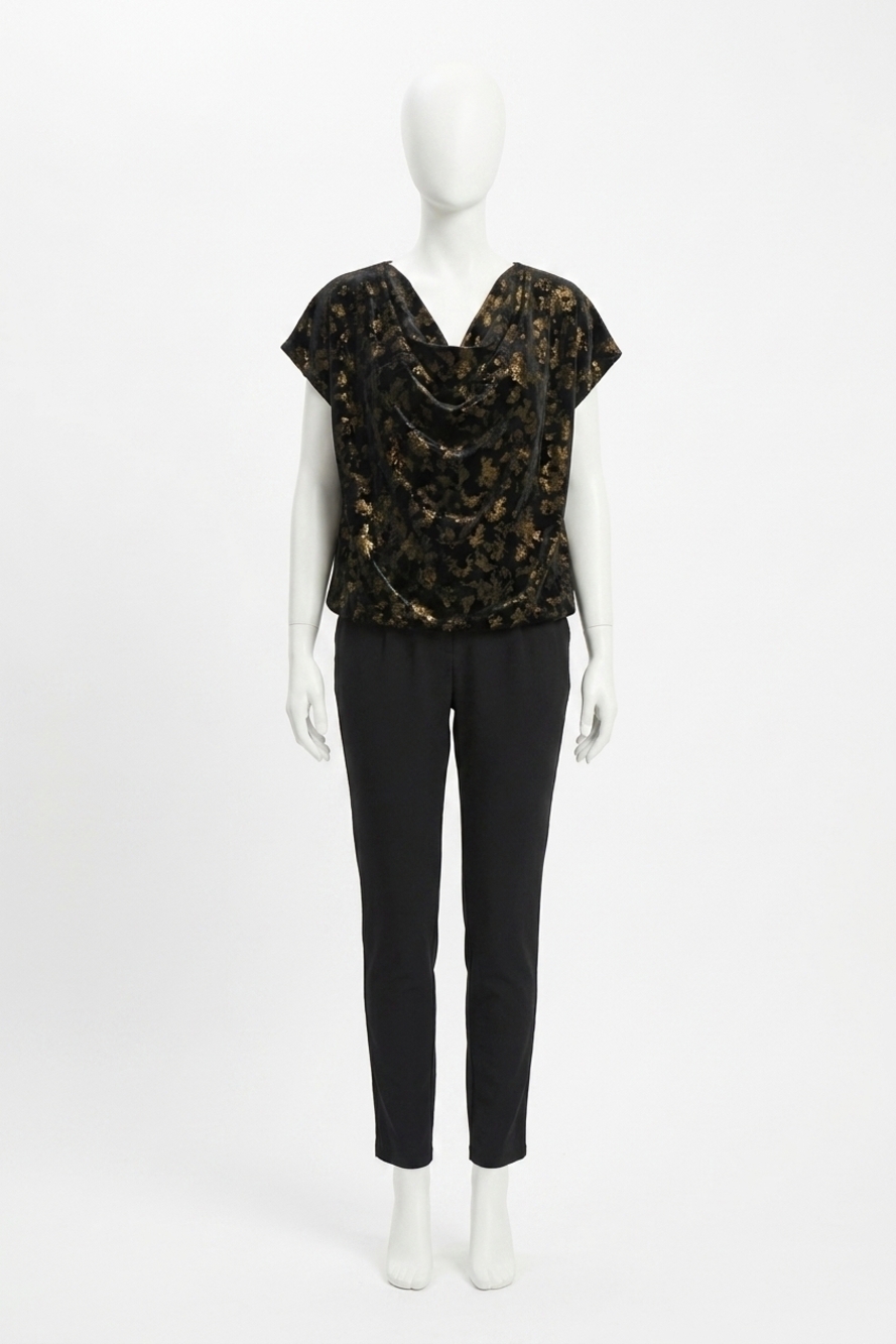 NEW JOSEPH RIBKOFF silky knit and foiled velvet jumpsuit in black/gold